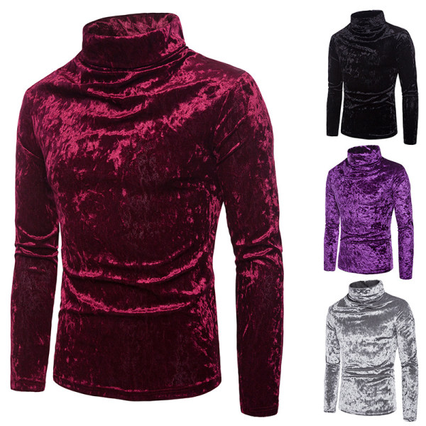 Herrar Sammet Långärmad Skjorta Turtleneck Slim Fit Topp Red M