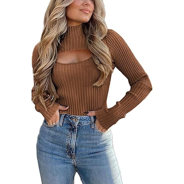 Dam 2-delad Utskuret Topp Långärmad Mock Neck Ribbstickad Vintertröja Brown M