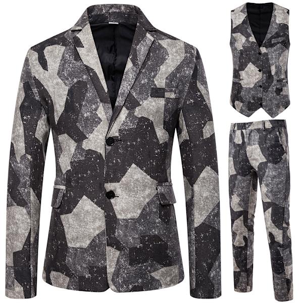 Herr 3- print kostym Casual Party Tux Slim Fit Outfit grey brown M