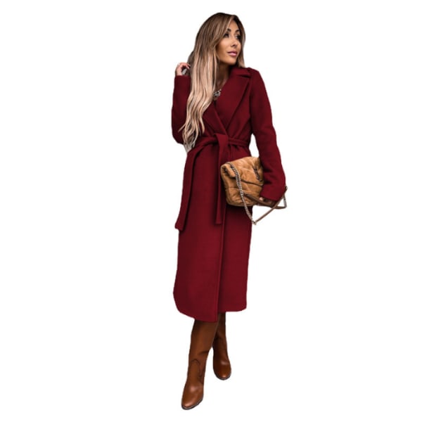 Klassisk lång kappa med bälte för kvinnor dark red L