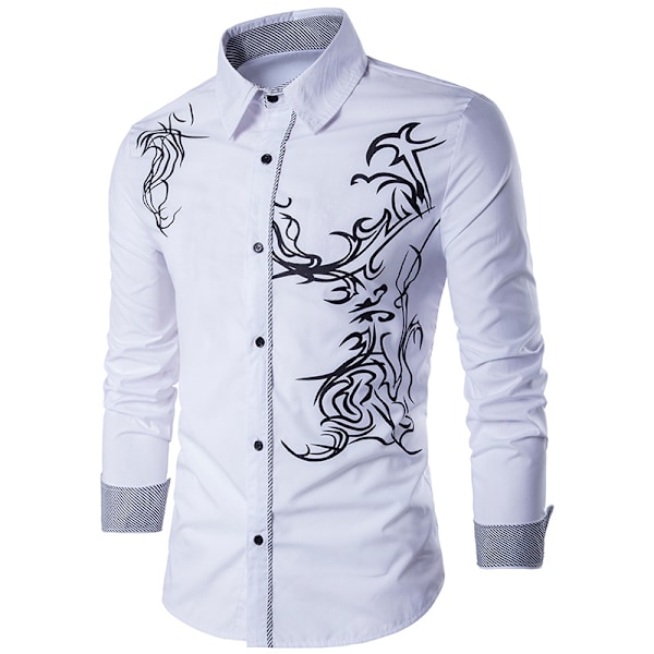 Mænds Trykte Knapp-Ned Skjorte Langærmet Casual Skjorter white XL