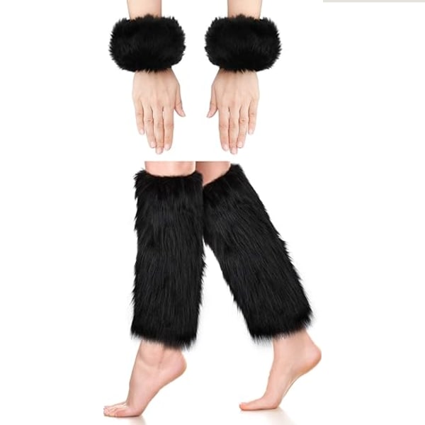 2 Par Faux Fur Mansjetter - Lange, Pussede Bevarmere for Håndledd Black