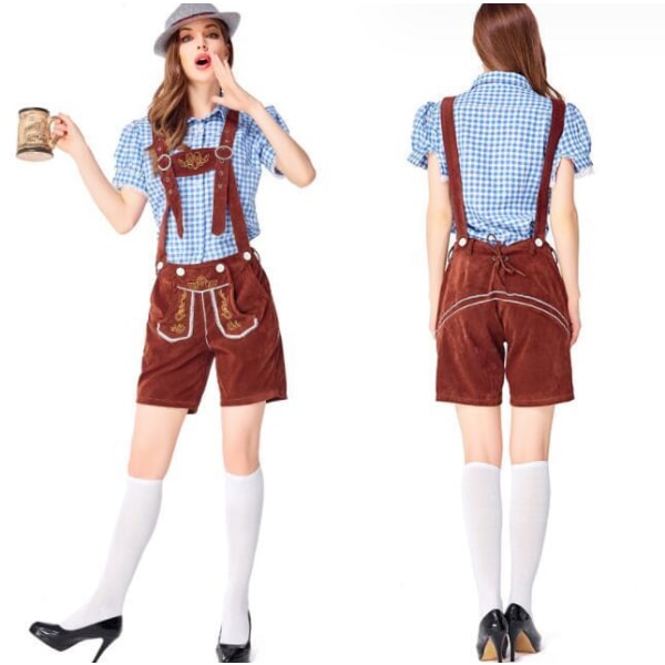 Oktoberfest Kvinnors Rörmokare Haklapp Byxor Cos Kostym Blue+Brown Strap S