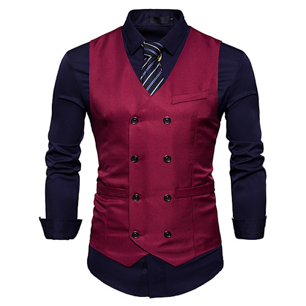 Väst för herr, dubbelknäppt, V-ringad, smal passform, formell bröllopsklänning Wine Red XL