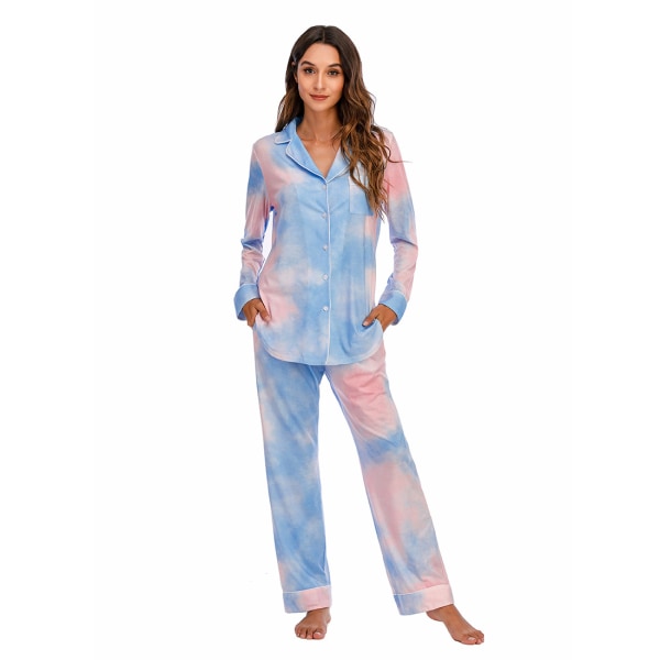 Pyjamas Set för Kvinnor, Långärmad, Knappar, Nattkläder, Bomull, Pj-Set Pink Blue XL