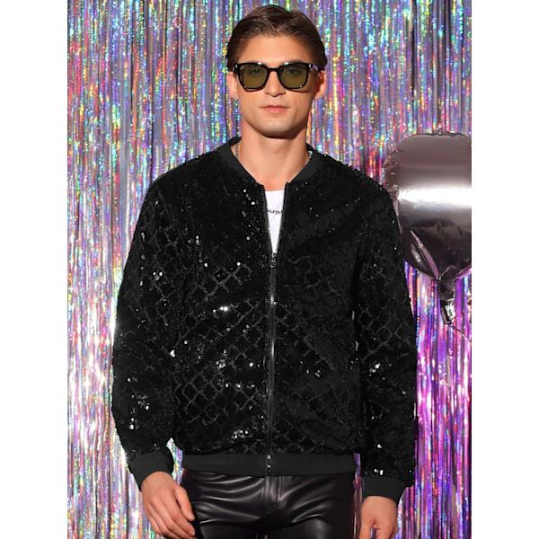 Sequin Jakke til Mænds Fest Klub Glans Baseball Varsity Jakke black M