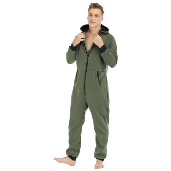 Varm fleece pyjamas med huva för män Green L