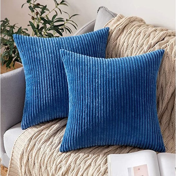 2 st Corduroy Kuddfodral, Solid & Randig Kuddeöverdrag (45*45cm) Blue