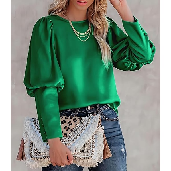 Satinbluse med Puff-ermer for kvinner - Avslappet og løs topp Green XL
