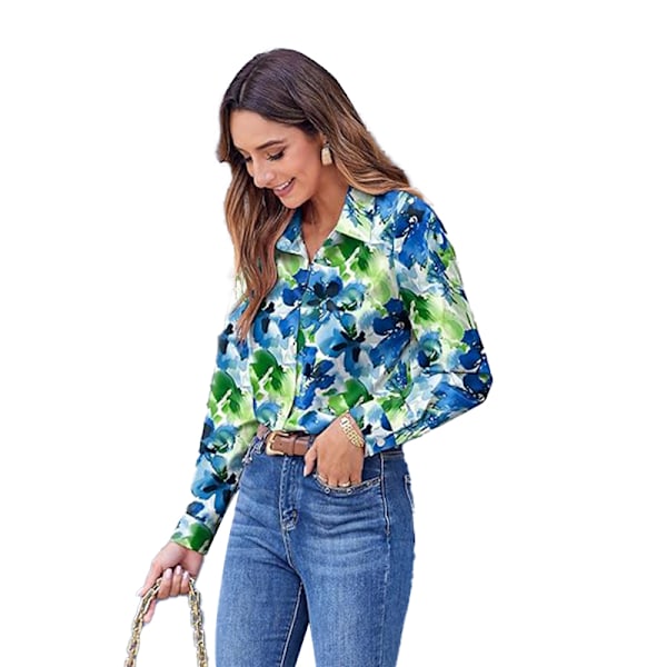 Dam Skjortor med Knappar Blommig Tryck Långärmad Vardaglig Topp Blue 2XL