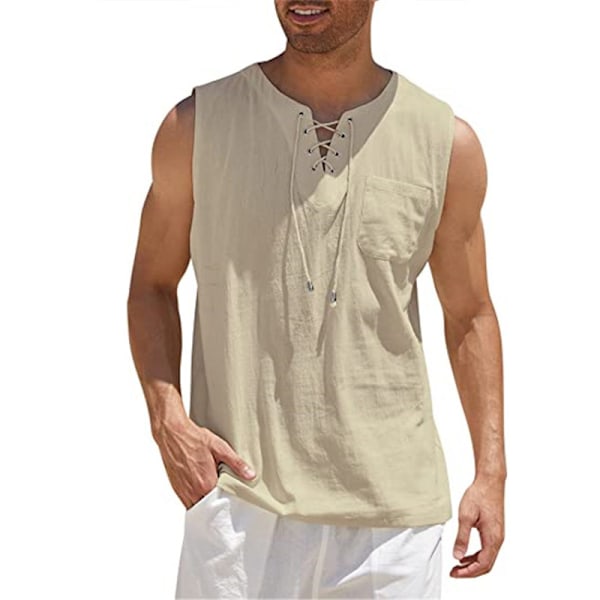 Herre Bomuld Linned Tank Top Skjorter Afslappet Ærmeløs Snøre Toppe yellow 4XL