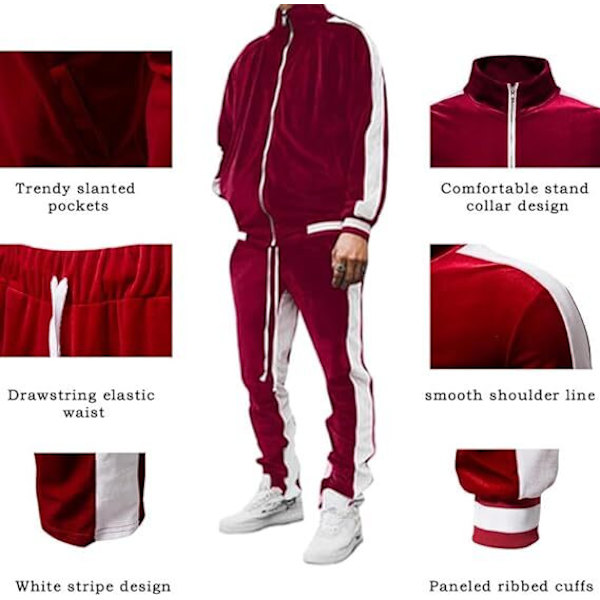 Männs 2-delad Helzippade Träningsoveraller i Sammet Sportdräkter red XL