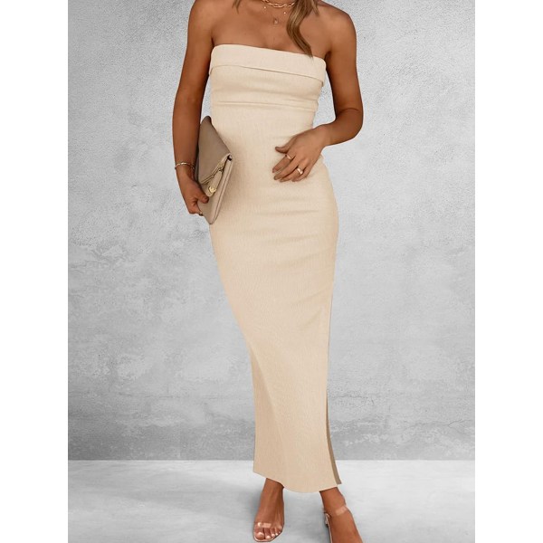 Sommerkjole for kvinner, Bodycon Maxi Tubekjole, Ribbet Stroppeløs Kjole med Side Split beige M