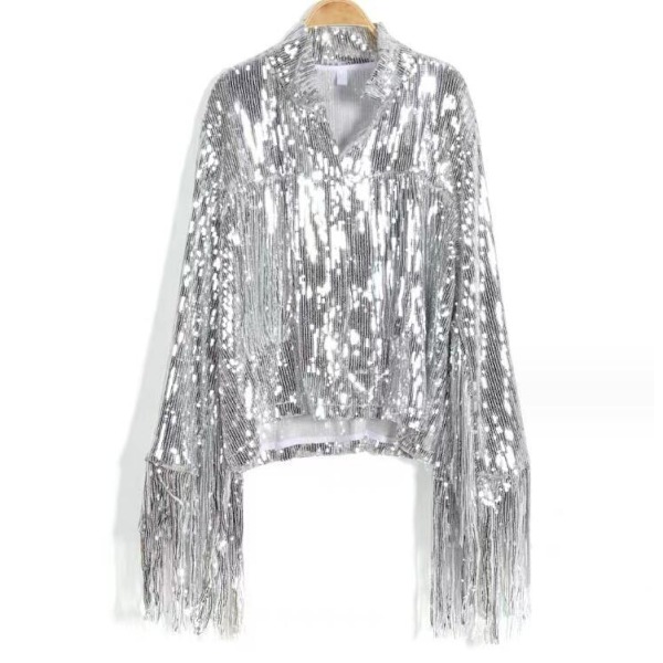 Naisten pitkähihainen jakku, jossa on helmiä ja reunukset Silver 3XL