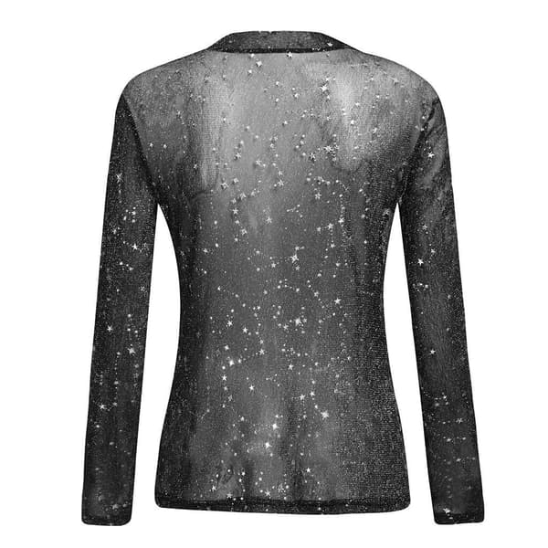 Kvinnors långärmade kort glitter skira mesh toppar Black S