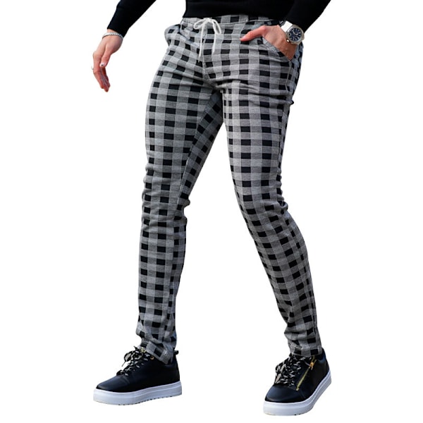 Miesten Chino-housut, hoikka istuvuus, ruudullinen, tyylikäs, arkikäyttöön ja juhliin Grey L