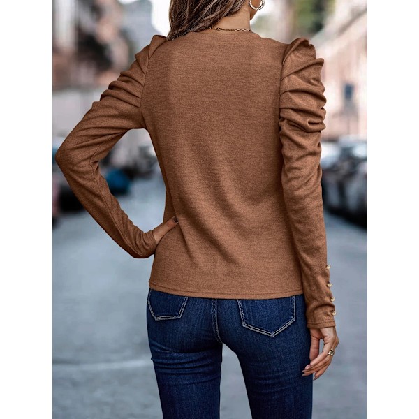 Kvinners Heldekkende Rundhals Puff Lang Erme Slim Fit Skjorte Topper Orange M