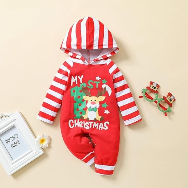 Nyfödda baby babykläder jultomten utskrift Romper Hooded långärmad Jumpsuit Red 80