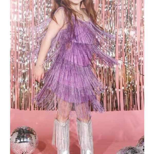 Lille Pigers Sequin Fringe Kjole Glimtende Tassel Ærmeløs 110CM Purple