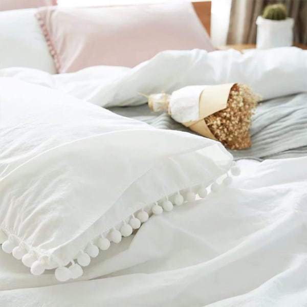 Pompong-kant Dynetrekk 3-delt Bohemsk Mikrofibersett White Twin-168*228cm