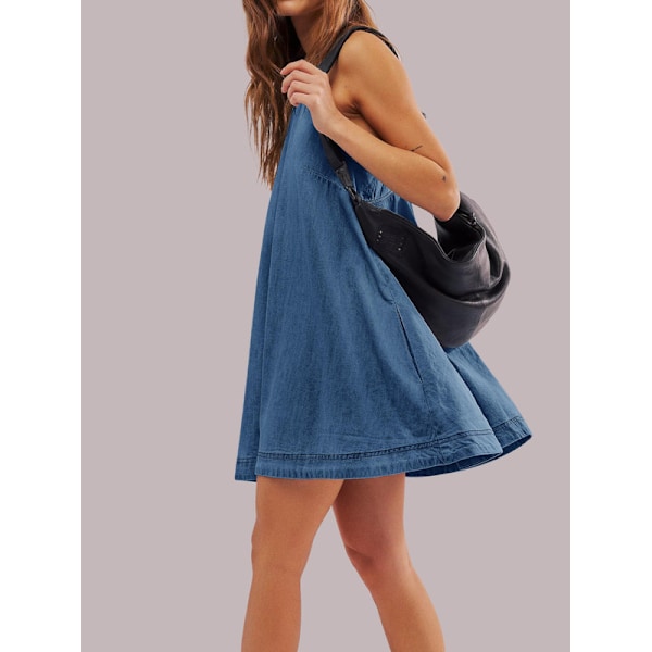 Ærmeløs, afslappet denimkjole til kvinder med rund hals, vintage babydoll-jeans minikjoler med lommer Light Blue XS