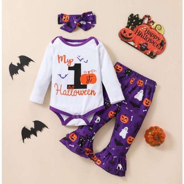 Halloween-set för flickor med pumpaprint, 3 delar Purple 70CM