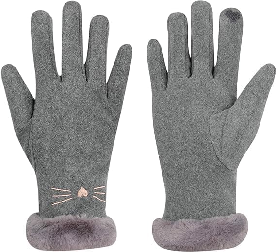 Dame Suede Handsker Søde Kat Fleeceforet Varme Handsker Grey