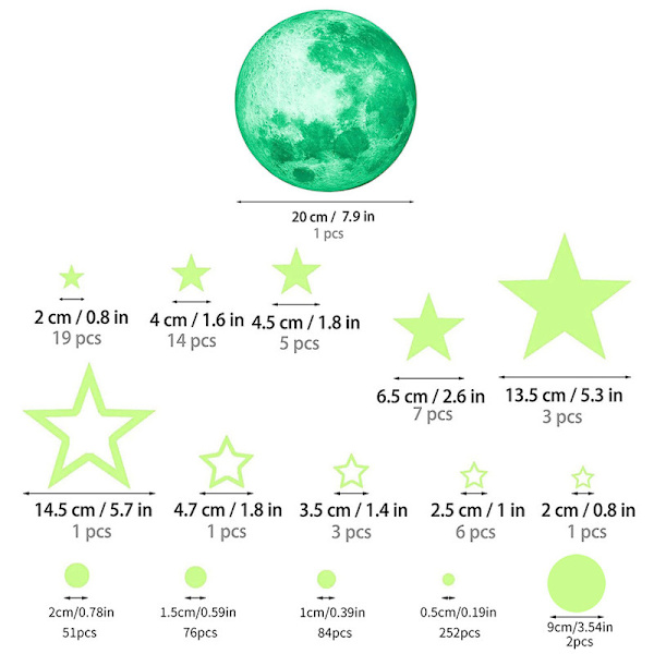 526 kpl Hohtavaa Tähteä, Hohtava Kuu Kattoon ja Seinään Tarroiksi Green