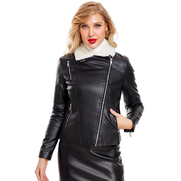 Kvinnors dragkedja Casual PU-läder cropped jacka black M