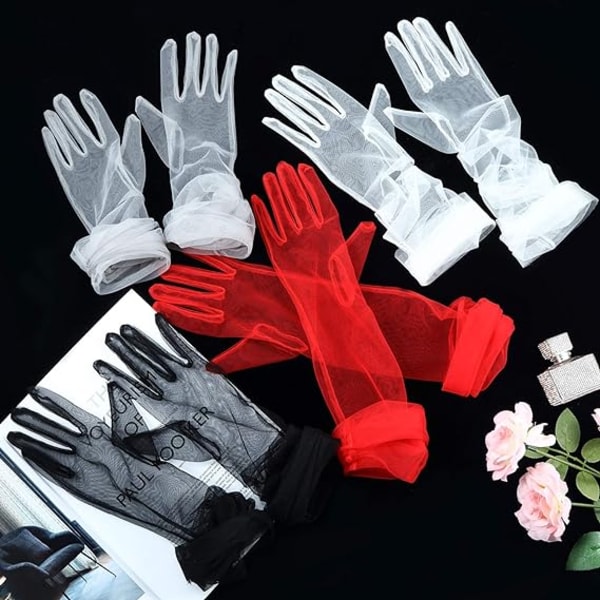 Lange hansker for kvinner, mesh-tulle hansker Red
