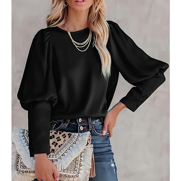 Satinbluse med Puff-ermer for kvinner - Avslappet og løs topp Black L
