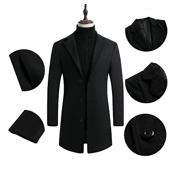 Herrar Trenchcoat i Ullblandning, Slim Fit, Överrock Black S