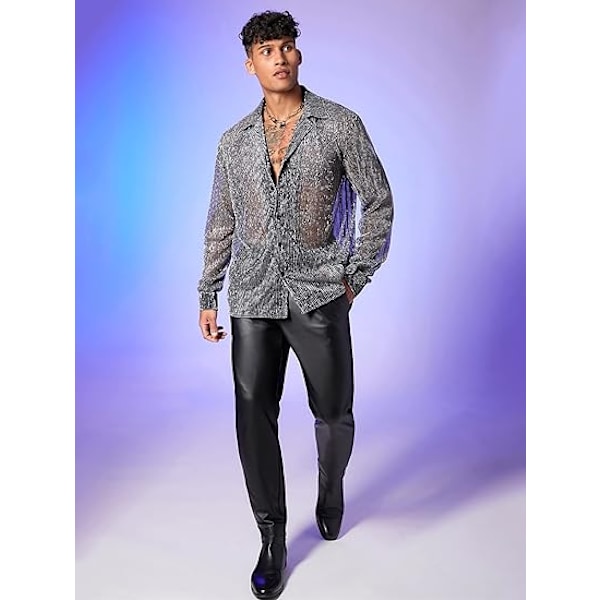 Menn's Gjennomsiktig Mesh Glitter Knapp-Front Langærmet Skjorte Topper M