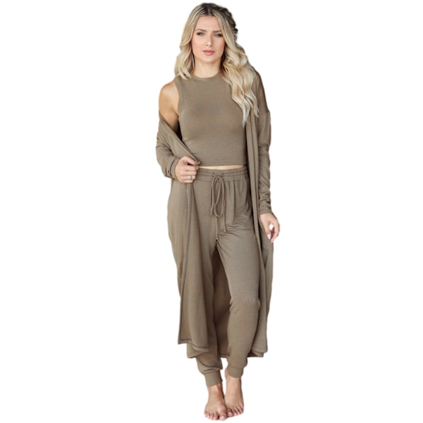 Dam Atletisk 3-Delars Set i Stickad Slim Fit med Enfärgad Design Khaki S