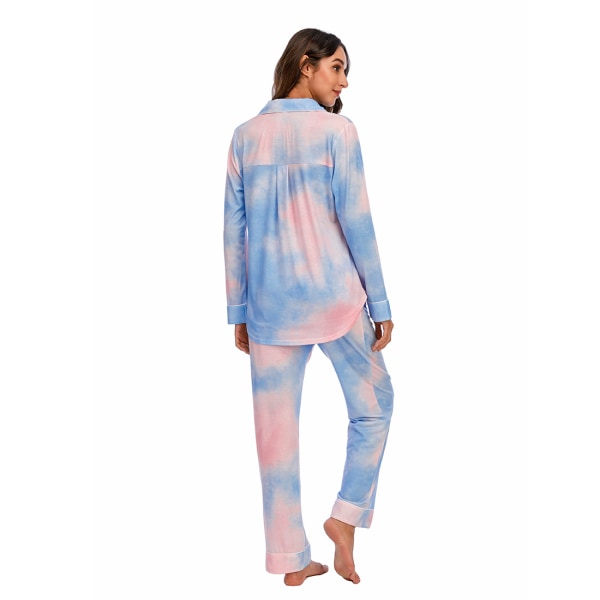 Pyjamas Set för Kvinnor, Långärmad, Knappar, Nattkläder, Bomull, Pj-Set Pink Blue M