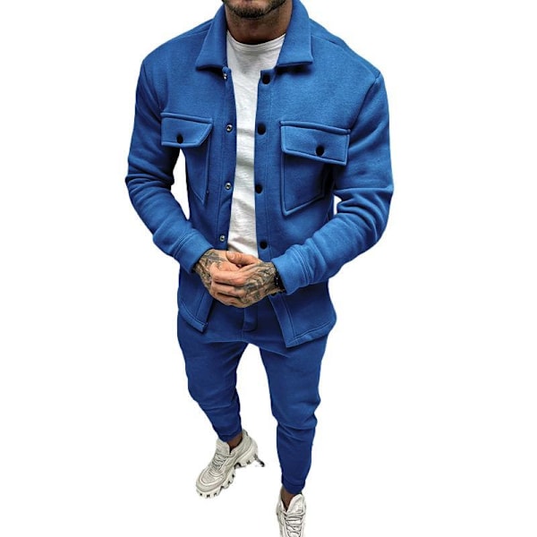 Mænds Langærmede Træningssæt 2 Dele Corduroy Sweatsuits Vintertøj Blue L
