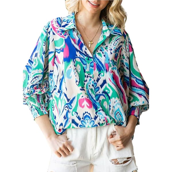 Dame Bluser med Knapper, Trykt Lanterneærmer, Langærmet, Afslappet Top Color 7 XL