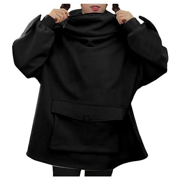Dam Hoodie med Groda, Dragkedja vid Munnen, Huvtröja Black S