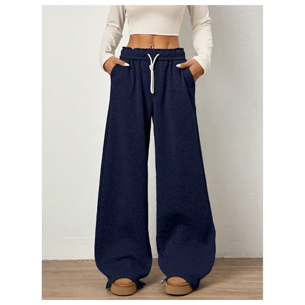 Brede sweatpants for kvinner, høy midje, rette ben, snøring, elastisk midje Blue XL