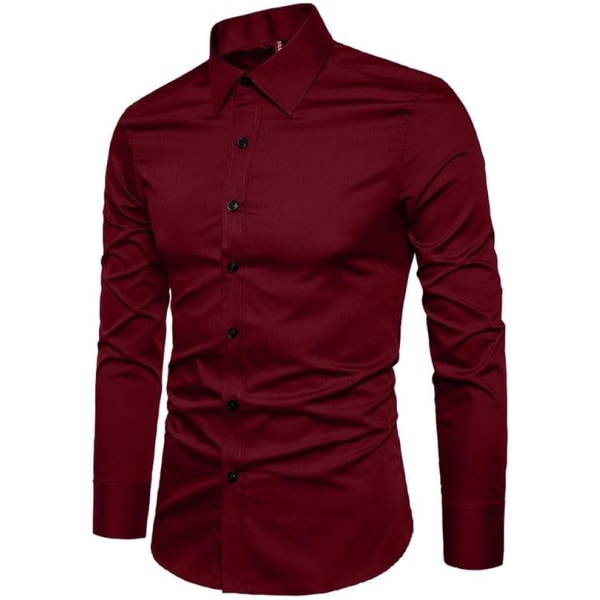 Mænds Slim Cotton Langærmet Knappet Skjorte Red 2XL