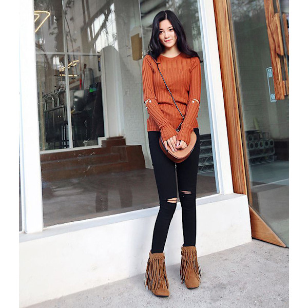 Cowboy Cowgirl Støvler med Frynser til Kvinder, Spids Snude, Slip-on, Western Ankelstøvletter Brown 35