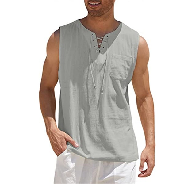 Herre Bomuld Linned Tank Top Skjorter Afslappet Ærmeløs Snøre Toppe gray 4XL
