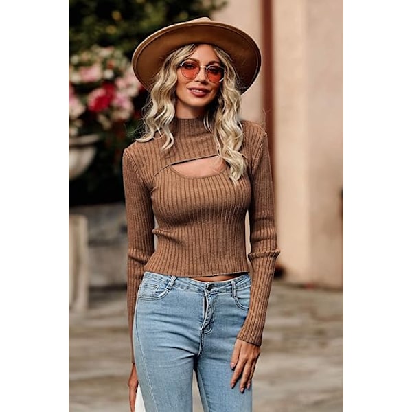 Dam 2-delad Utskuret Topp Långärmad Mock Neck Ribbstickad Vintertröja Brown M