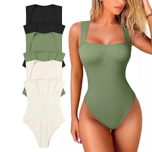 Dam 3-delad Body Sexig Ribbad Axelband Fyrkantig Hals Ärmlös Magekontroll Linne Toppar Bodys green S