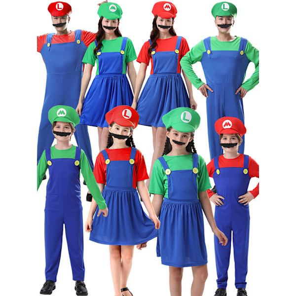 Mario-kostyme for menn, Super Mario-kostyme for barn og voksne Green-Girl S