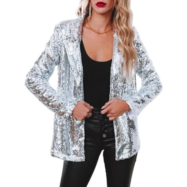 Kvinnors Sekvensbluse Glitter Glimrande Öppen Fram Casual Långärmad Blazer Kavaj Sliver 2XL