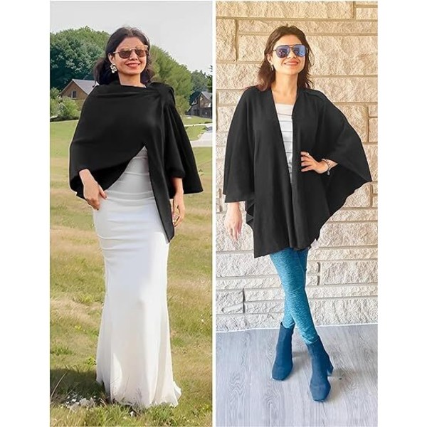 Cross Front Poncho Sweater Wrap Top Stickad Sjal Black