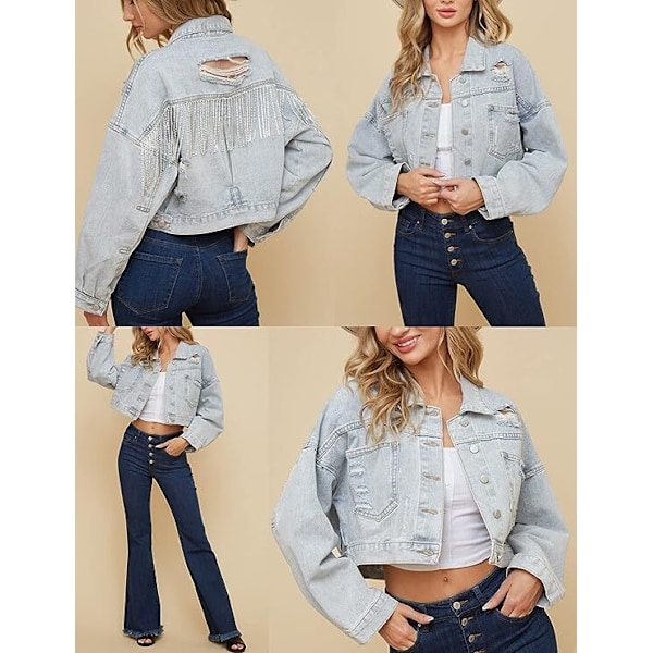 Damelanget Denimjakke med Frynser og Strass Light Blue M