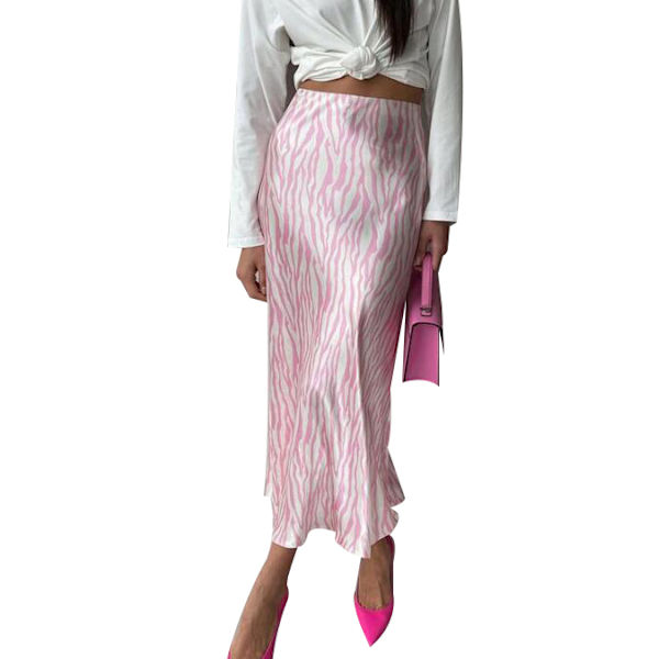 Kvinnors satin hög midja printed Casual A Line kjol pink M