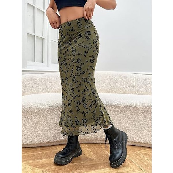 Lettuce Trim Høy Midje Mesh Fishtail Bodycon Langt Skjørt for Kvinner green M